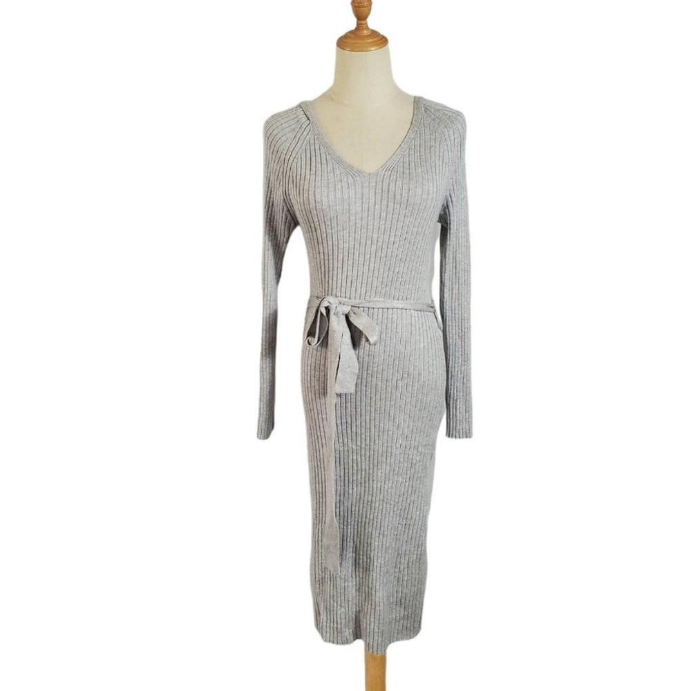 Primark Gray Ribbed Tie Midi Dress